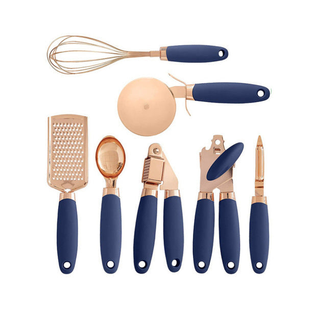 7-Piece Rose Gold Stainless Steel Kitchen Utensil Set with Holder