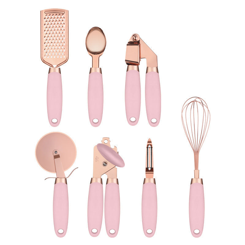 7-Piece Rose Gold Stainless Steel Kitchen Utensil Set with Holder