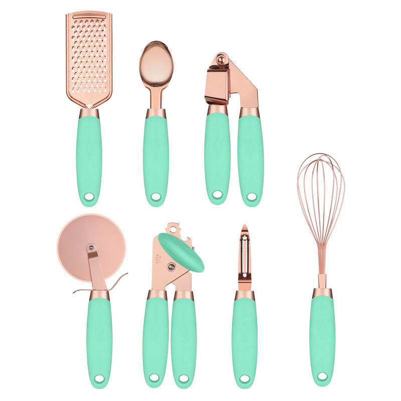 7-Piece Rose Gold Stainless Steel Kitchen Utensil Set with Holder