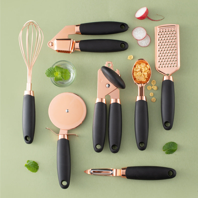 7-Piece Rose Gold Stainless Steel Kitchen Utensil Set with Holder