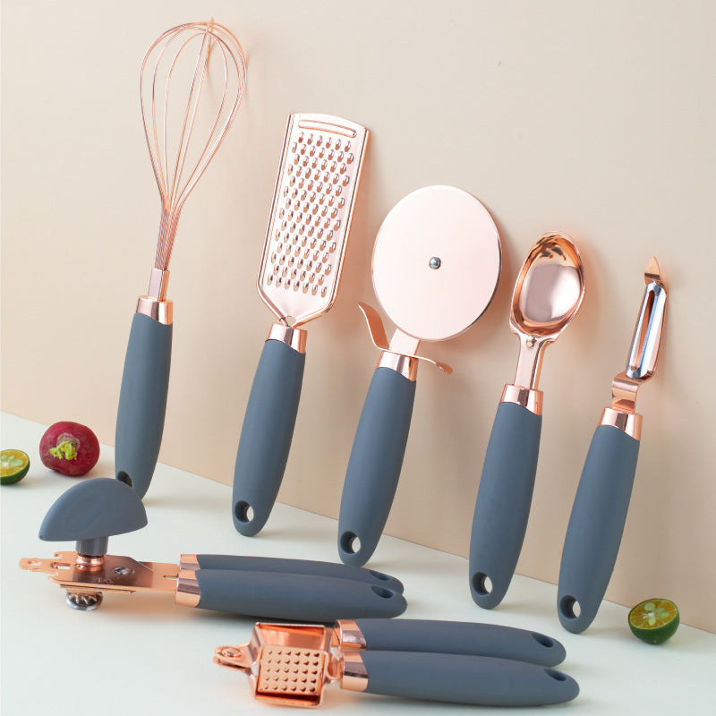 7-Piece Rose Gold Stainless Steel Kitchen Utensil Set with Holder