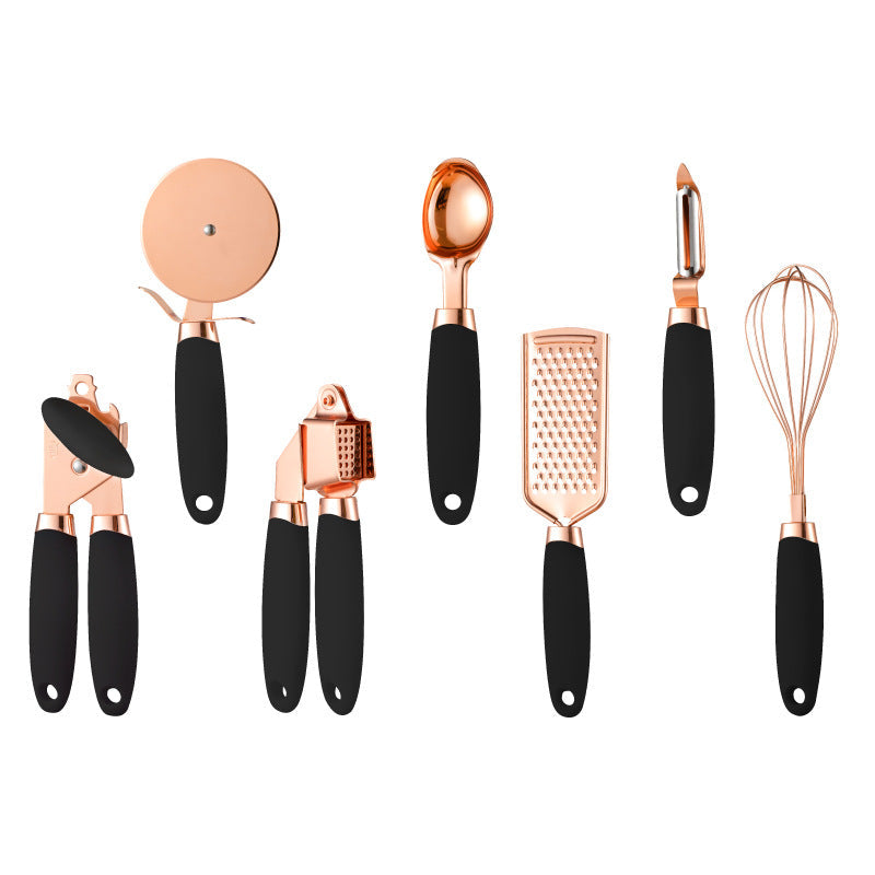 Premium rose gold cooking utensil set featuring durable stainless steel tools and a matching countertop holder.